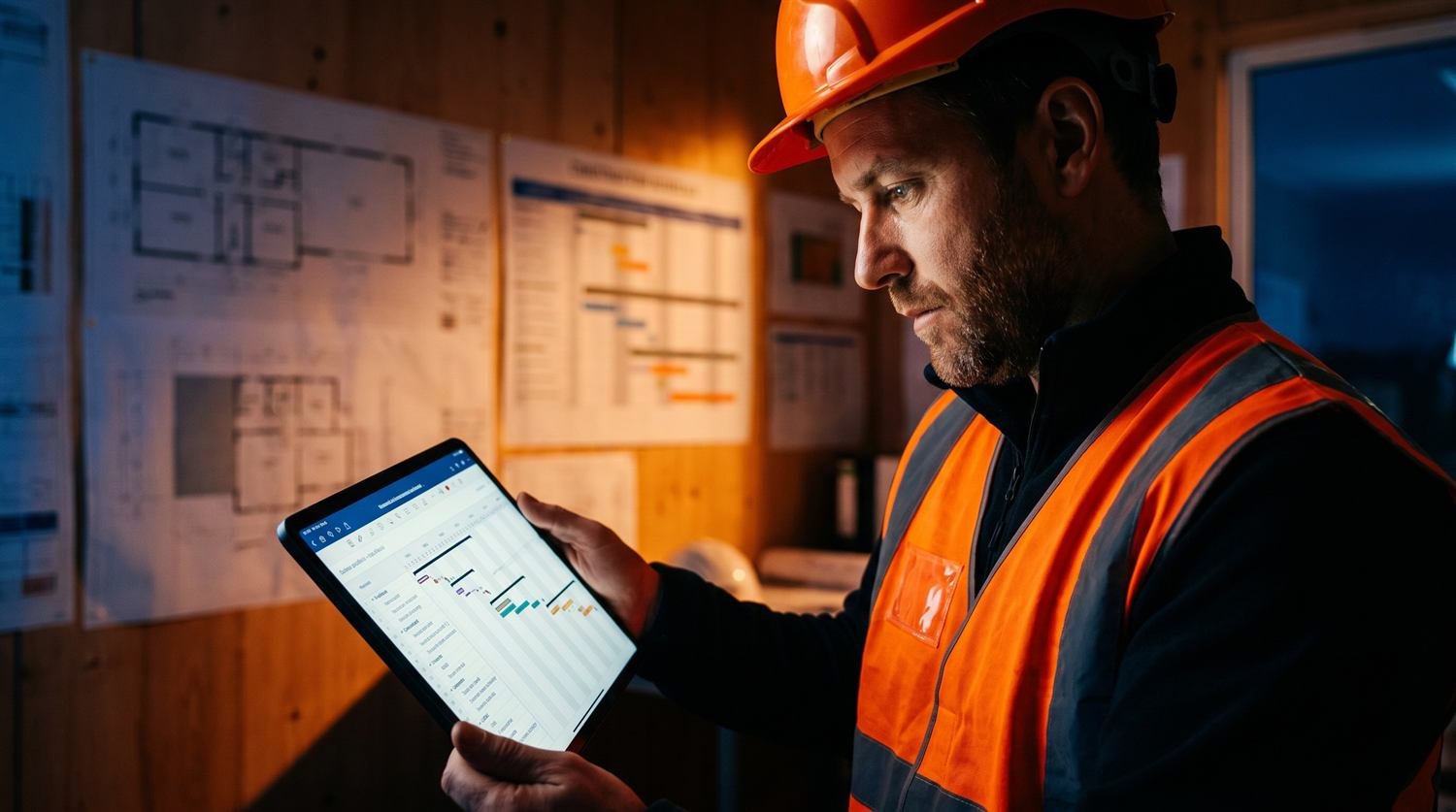 Conducteur de travaux consultant un tableau de suivi sur tablette dans un bureau de chantier